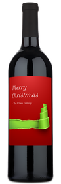 Wine bottle with a Christmas tree label, green ribbon design, and The Claus Family personalized text.