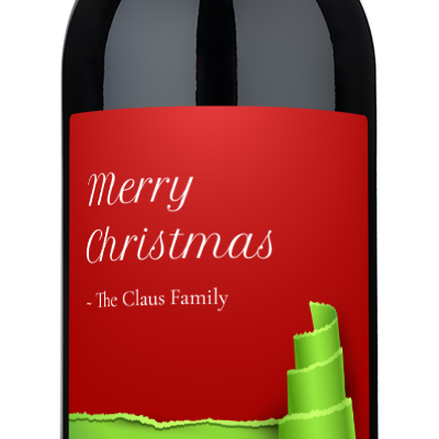 Wine bottle with a Christmas tree label, green ribbon design, and The Claus Family personalized text.