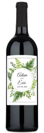 Custom wine bottle with a green leaf monogram label reading Adam and Evie, July 20, 2025.