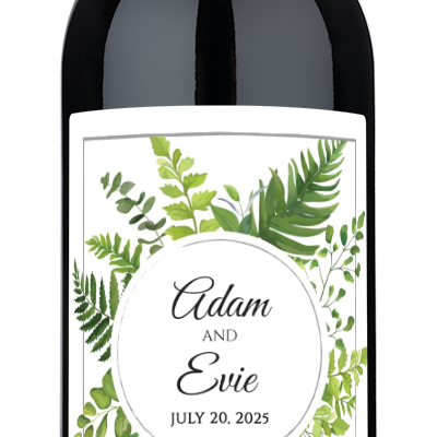 Custom wine bottle with a green leaf monogram label reading Adam and Evie, July 20, 2025.