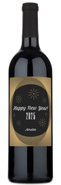 A gold wine bottle with a black and gold label reading Happy New Year 2025 Amelie and decorative sparkles.