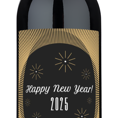 A gold wine bottle with a black and gold label reading Happy New Year 2025 Amelie and decorative sparkles.