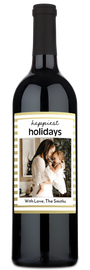 A wine label shows a woman hugging a child with the text With Love, The Smiths.