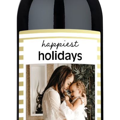 A wine label shows a woman hugging a child with the text With Love, The Smiths.