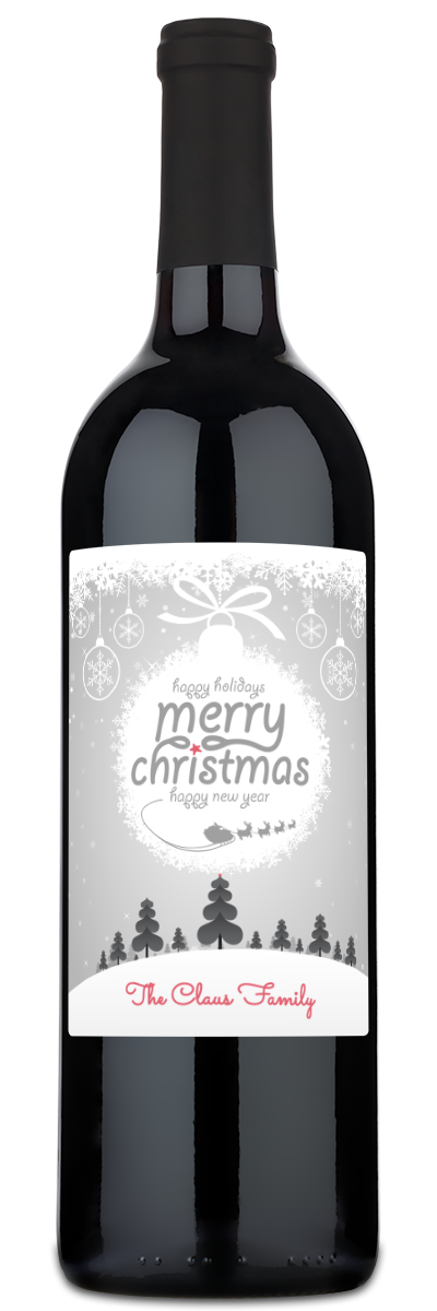 A wine bottle with a Christmas ornament label reading “Merry Christmas, Happy New Year” in festive colors.