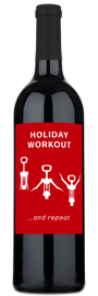 Wine bottle label with illustrated corkscrew figures and a festive holiday message.