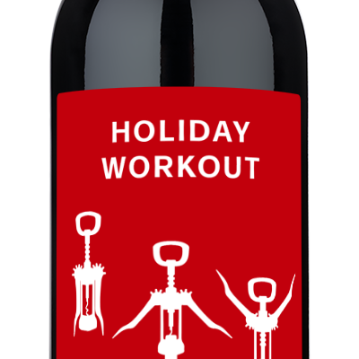 Wine bottle label with illustrated corkscrew figures and a festive holiday message.