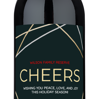 A wine bottle with a festive Cheers Holiday label reading Wilson Family Reserve 2024 and holiday wishes.
