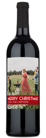 Custom wine bottle with festive snowflake label and photo, designed for Christmas gifting.
