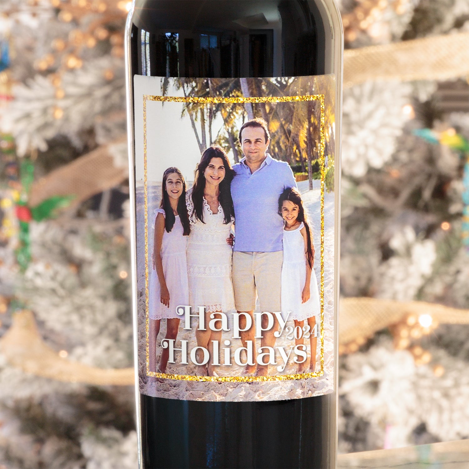 Happy Holidays Gold Frame Label - Personalized Wine
