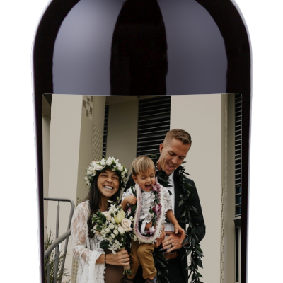 Personalized Father’s Day wine bottle with a family photo and custom message from Sam, Maisy, Stella & Remy on the label.