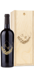 Custom wine and wood box with gold floral designs and large engraved letters S & A on the front.