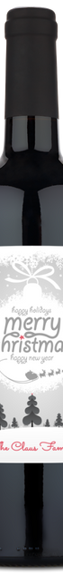 A wine bottle with a festive label reading Merry Christmas and The Claus Family.