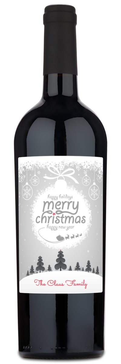 A wine bottle with a festive label reading Merry Christmas and The Claus Family.