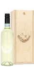 A wooden wine box and bottle, both engraved with floral designs and the initials S & A.