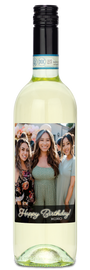 A Riesling bottle with a glowing label showing a photo and the words Happy Birthday XOXO. Price tag reads 35.