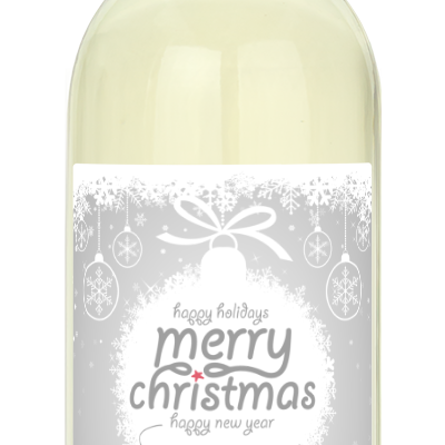 Wine bottle with a Christmas ornament label reading Merry Christmas, Happy New Year, The Claus Family.