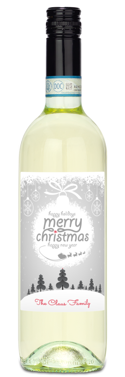 Wine bottle with a Christmas ornament label reading Merry Christmas, Happy New Year, The Claus Family.