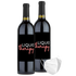 A bottle of Cabernet Sauvignon labeled Liquid Therapy with two decorative face masks beside it.