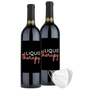 A bottle of Cabernet Sauvignon labeled Liquid Therapy with two decorative face masks beside it.