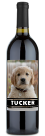 The personalwine Pet Photo Label - Personalized Wine features a golden retriever puppy and TUCKER in bold white letters.
