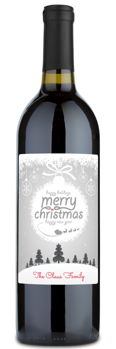 Wine bottle with a festive Christmas ornament label, Merry Christmas and The Claus Family in red at the bottom.