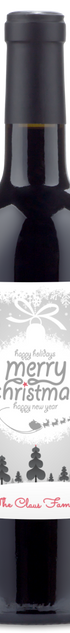 Wine bottle ornament label with festive text: Merry Christmas, Happy New Year, The Claus Family.