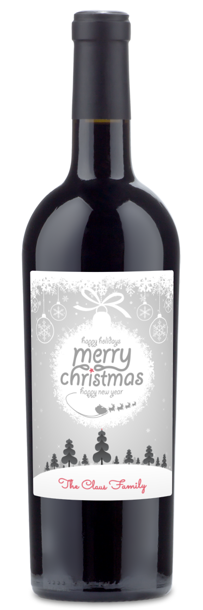 Wine bottle ornament label with festive text: Merry Christmas, Happy New Year, The Claus Family.