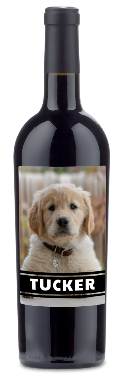 The personalwine Pet Photo Label - Personalized Wine features a golden retriever puppy and TUCKER in bold white letters.